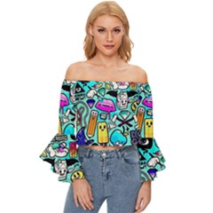 Graffiti Pop Art Crazy Retro Off Shoulder Flutter Bell Sleeve Top by Bedest