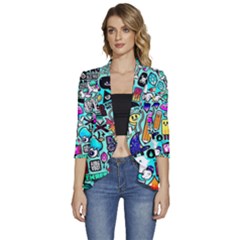 Graffiti Pop Art Crazy Retro Women s 3/4 Sleeve Ruffle Edge Open Front Jacket by Bedest