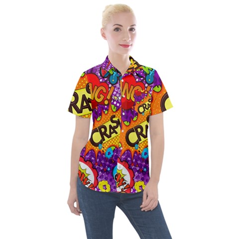 Crash Bang Adventure Time Art Boom Graffiti Women s Short Sleeve Pocket Shirt by Bedest