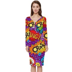 Crash Bang Adventure Time Art Boom Graffiti Long Sleeve V-neck Bodycon Dress  by Bedest