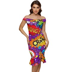 Crash Bang Adventure Time Art Boom Graffiti Off Shoulder Ruffle Split Hem Bodycon Dress by Bedest