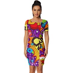 Crash Bang Adventure Time Art Boom Graffiti Fitted Knot Split End Bodycon Dress by Bedest