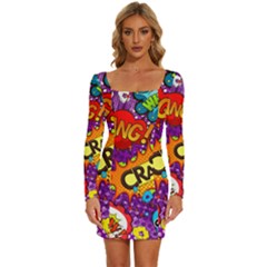 Crash Bang Adventure Time Art Boom Graffiti Long Sleeve Square Neck Bodycon Velvet Dress by Bedest