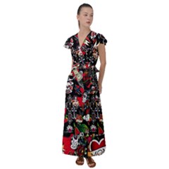 Graffiti Tatoo Skate Art Boom Flutter Sleeve Maxi Dress by Bedest