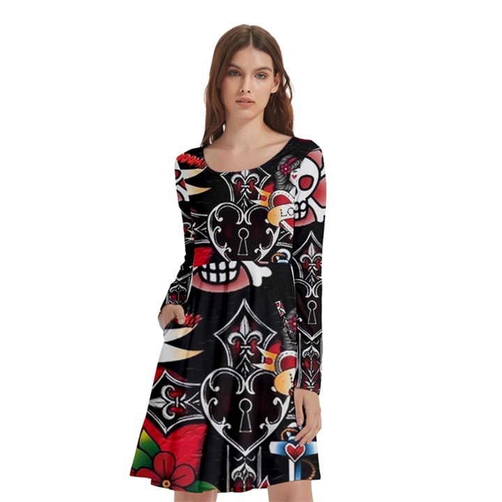 Graffiti Tatoo Skate Art Boom Long Sleeve Knee Length Skater Dress With Pockets