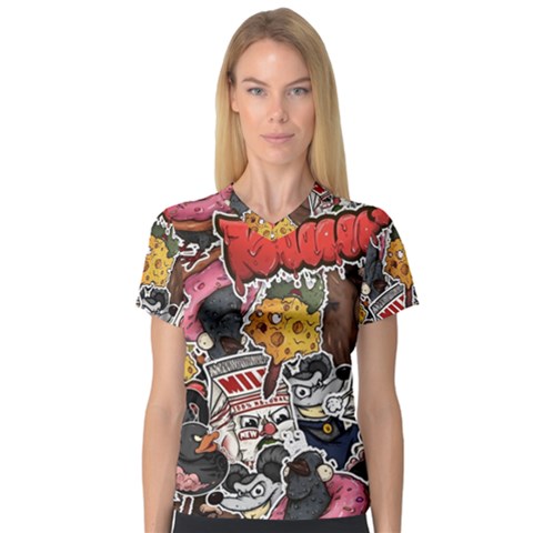 Stickerbomb Crazy Graffiti Graphite Monster V-neck Sport Mesh T-shirt by Bedest