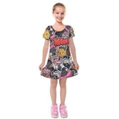 Stickerbomb Crazy Graffiti Graphite Monster Kids  Short Sleeve Velvet Dress by Bedest