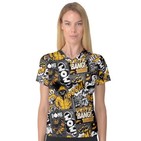 Boom Bang Art Crazy Drawing Graffiti Hello Retro Sayings Yellow V-neck Sport Mesh T-shirt by Bedest