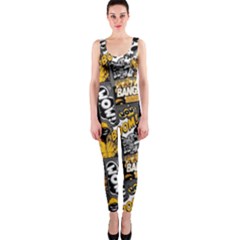 Boom Bang Art Crazy Drawing Graffiti Hello Retro Sayings Yellow One Piece Catsuit by Bedest