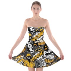 Boom Bang Art Crazy Drawing Graffiti Hello Retro Sayings Yellow Strapless Bra Top Dress by Bedest