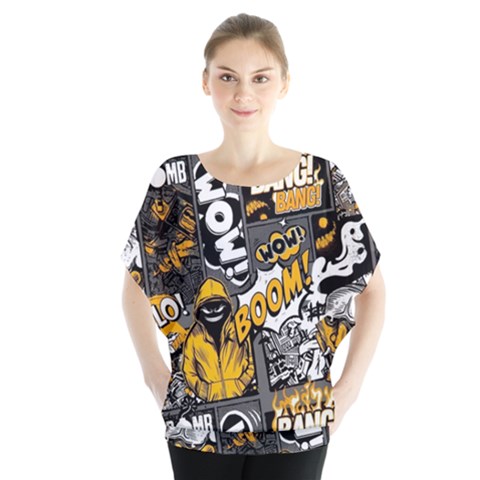 Boom Bang Art Crazy Drawing Graffiti Hello Retro Sayings Yellow Batwing Chiffon Blouse by Bedest