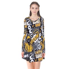 Boom Bang Art Crazy Drawing Graffiti Hello Retro Sayings Yellow Long Sleeve V-neck Flare Dress by Bedest