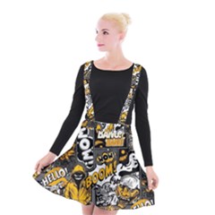 Boom Bang Art Crazy Drawing Graffiti Hello Retro Sayings Yellow Suspender Skater Skirt by Bedest