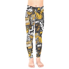 Boom Bang Art Crazy Drawing Graffiti Hello Retro Sayings Yellow Kids  Leggings by Bedest