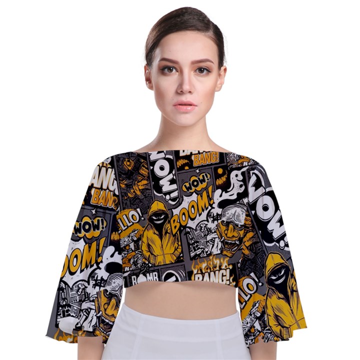 Boom Bang Art Crazy Drawing Graffiti Hello Retro Sayings Yellow Tie Back Butterfly Sleeve Chiffon Top