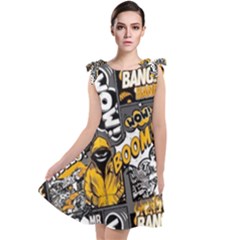 Boom Bang Art Crazy Drawing Graffiti Hello Retro Sayings Yellow Tie Up Tunic Dress by Bedest