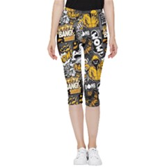 Boom Bang Art Crazy Drawing Graffiti Hello Retro Sayings Yellow Inside Out Lightweight Velour Capri Leggings  by Bedest