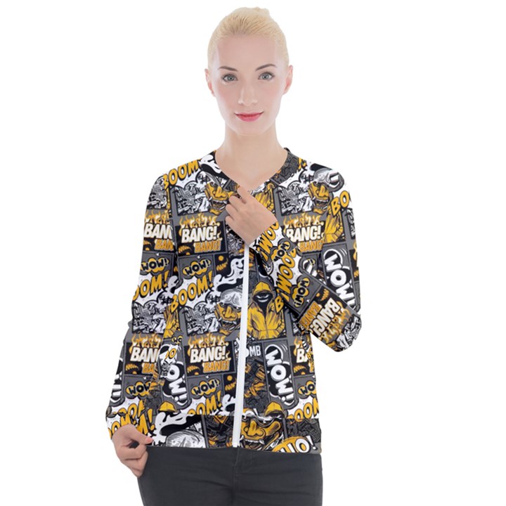 Boom Bang Art Crazy Drawing Graffiti Hello Retro Sayings Yellow Casual Zip Up Jacket