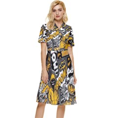 Boom Bang Art Crazy Drawing Graffiti Hello Retro Sayings Yellow Button Top Knee Length Dress by Bedest