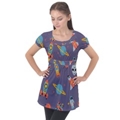 Space Seamless Patterns Puff Sleeve Tunic Top by Hannah976