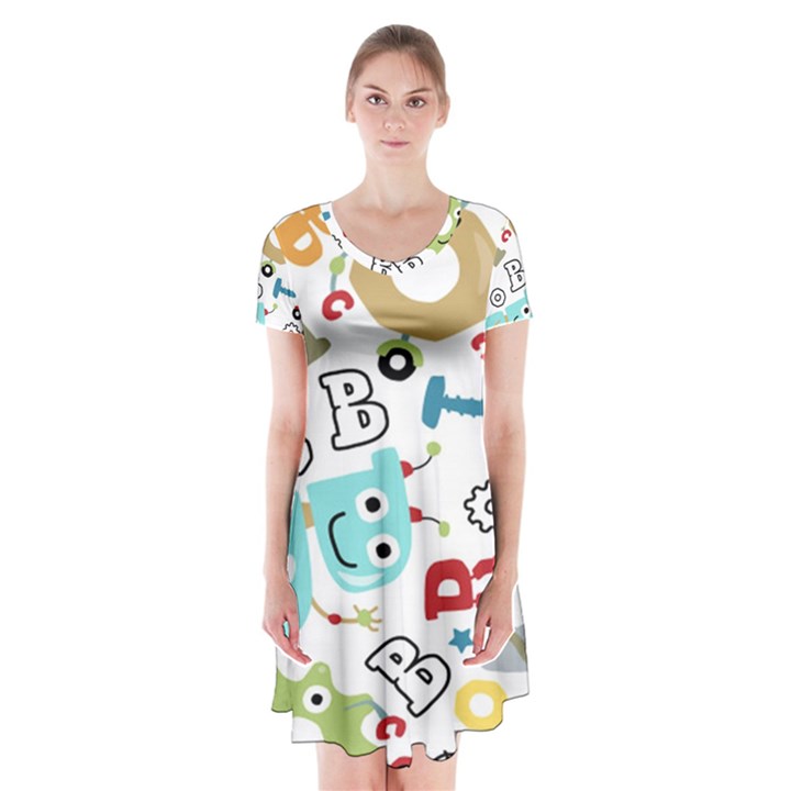 Seamless Pattern Vector With Funny Robots Cartoon Short Sleeve V-neck Flare Dress