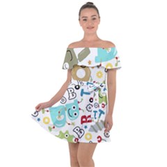 Seamless Pattern Vector With Funny Robots Cartoon Off Shoulder Velour Dress by Hannah976