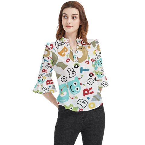 Seamless Pattern Vector With Funny Robots Cartoon Loose Horn Sleeve Chiffon Blouse by Hannah976