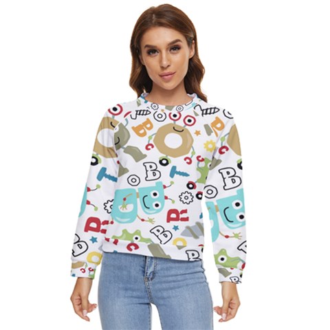 Seamless Pattern Vector With Funny Robots Cartoon Women s Long Sleeve Raglan T-shirt by Hannah976