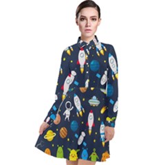 Big Set Cute Astronauts Space Planets Stars Aliens Rockets Ufo Constellations Satellite Moon Rover V Long Sleeve Chiffon Shirt Dress