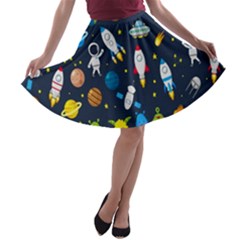 Big Set Cute Astronauts Space Planets Stars Aliens Rockets Ufo Constellations Satellite Moon Rover V A-line Skater Skirt by Hannah976