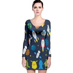 Big Set Cute Astronauts Space Planets Stars Aliens Rockets Ufo Constellations Satellite Moon Rover V Long Sleeve Velvet Bodycon Dress