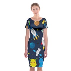 Big Set Cute Astronauts Space Planets Stars Aliens Rockets Ufo Constellations Satellite Moon Rover V Classic Short Sleeve Midi Dress by Hannah976