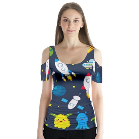 Big Set Cute Astronauts Space Planets Stars Aliens Rockets Ufo Constellations Satellite Moon Rover V Butterfly Sleeve Cutout T-shirt  by Hannah976