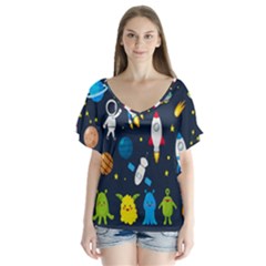 Big Set Cute Astronauts Space Planets Stars Aliens Rockets Ufo Constellations Satellite Moon Rover V V-neck Flutter Sleeve Top by Hannah976