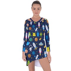 Big Set Cute Astronauts Space Planets Stars Aliens Rockets Ufo Constellations Satellite Moon Rover V Asymmetric Cut-out Shift Dress by Hannah976