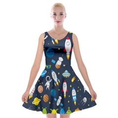 Big Set Cute Astronauts Space Planets Stars Aliens Rockets Ufo Constellations Satellite Moon Rover V Velvet Skater Dress by Hannah976