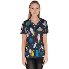 Big Set Cute Astronauts Space Planets Stars Aliens Rockets Ufo Constellations Satellite Moon Rover V Women s V-neck Scrub Top by Hannah976