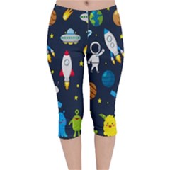 Big Set Cute Astronauts Space Planets Stars Aliens Rockets Ufo Constellations Satellite Moon Rover V Velvet Capri Leggings  by Hannah976