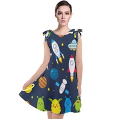 Big Set Cute Astronauts Space Planets Stars Aliens Rockets Ufo Constellations Satellite Moon Rover V Tie Up Tunic Dress by Hannah976