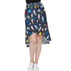 Big Set Cute Astronauts Space Planets Stars Aliens Rockets Ufo Constellations Satellite Moon Rover V Frill Hi Low Chiffon Skirt by Hannah976