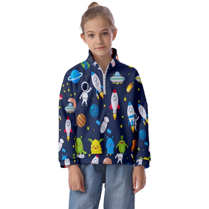 Big Set Cute Astronauts Space Planets Stars Aliens Rockets Ufo Constellations Satellite Moon Rover V Kids  Half Zip Hoodie