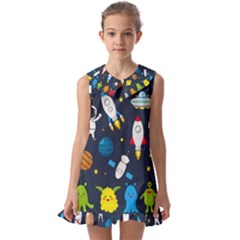 Big Set Cute Astronauts Space Planets Stars Aliens Rockets Ufo Constellations Satellite Moon Rover V Kids  Pilgrim Collar Ruffle Hem Dress by Hannah976