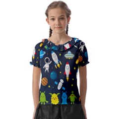 Big Set Cute Astronauts Space Planets Stars Aliens Rockets Ufo Constellations Satellite Moon Rover V Kids  Frill Chiffon Blouse by Hannah976