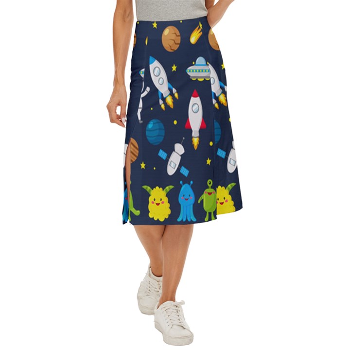 Big Set Cute Astronauts Space Planets Stars Aliens Rockets Ufo Constellations Satellite Moon Rover V Midi Panel Skirt