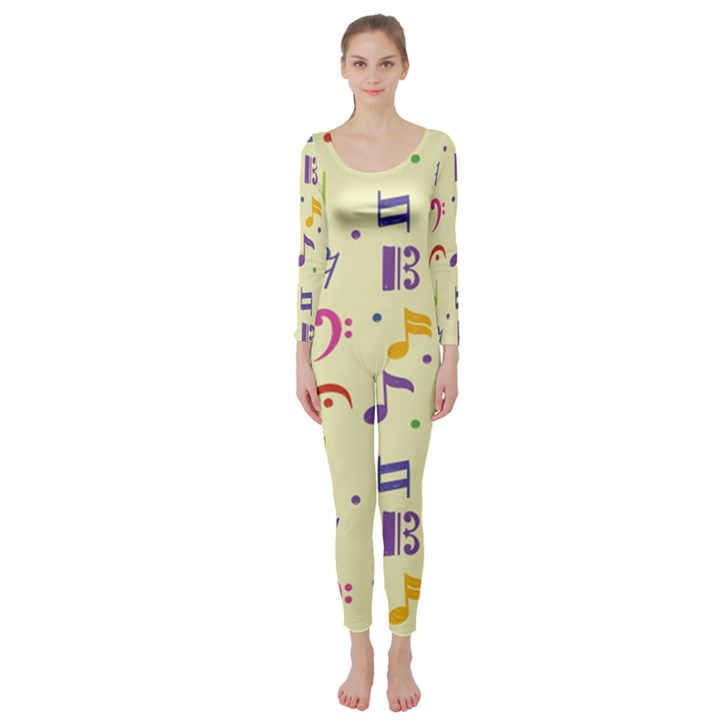 Seamless Pattern Musical Note Doodle Symbol Long Sleeve Catsuit