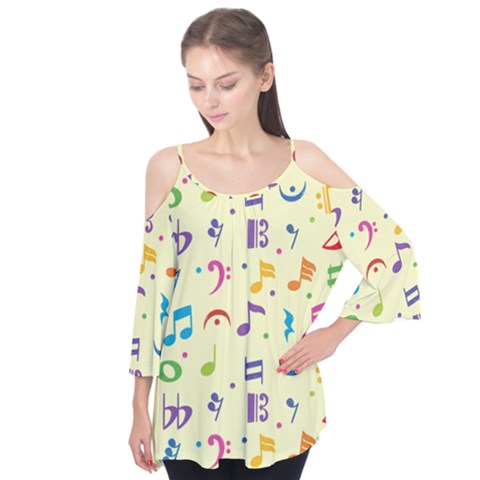 Seamless Pattern Musical Note Doodle Symbol Flutter Sleeve T-shirt  by Hannah976