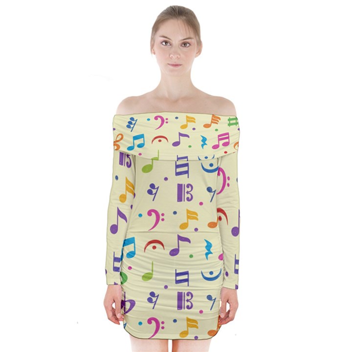 Seamless Pattern Musical Note Doodle Symbol Long Sleeve Off Shoulder Dress