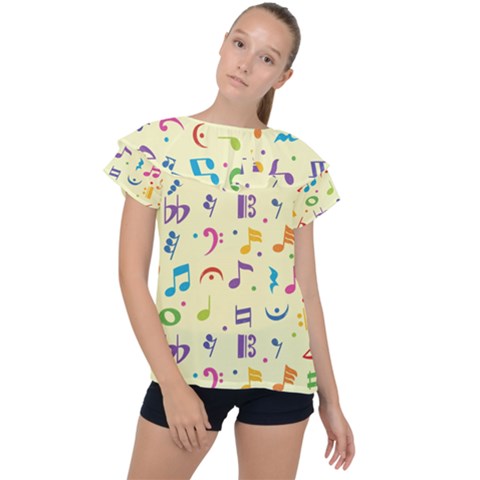 Seamless Pattern Musical Note Doodle Symbol Ruffle Collar Chiffon Blouse by Hannah976