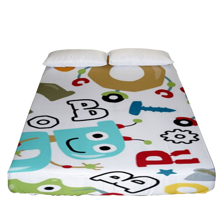 Seamless Pattern Vector With Funny Robots Cartoon Fitted Sheet (King Size)