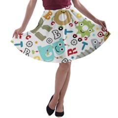 Seamless Pattern Vector With Funny Robots Cartoon A-line Skater Skirt by Hannah976